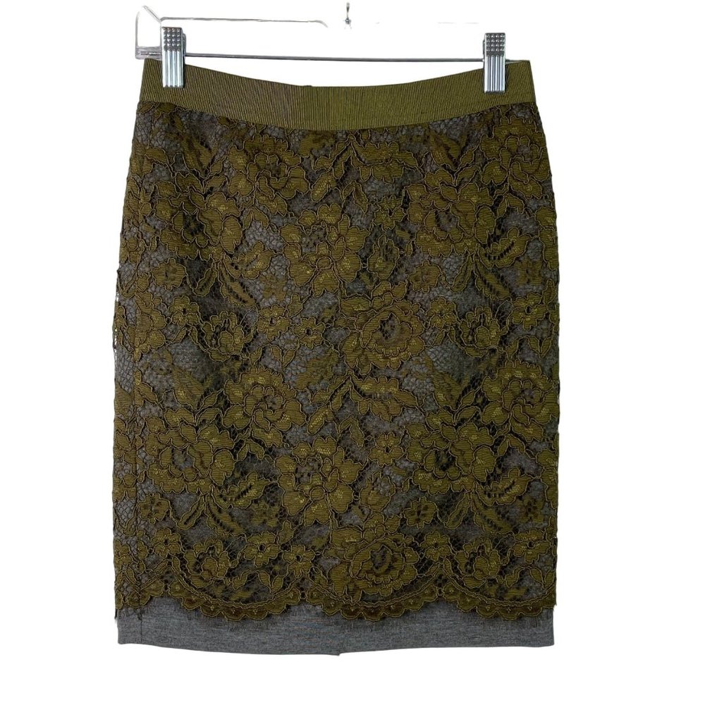 Loft Pencil Skirt Lace Overlay Layered New Size 0p Green Gray